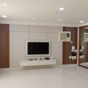 Luxury Modern TV Wall Panel with Floating Cabinet & Wood Accents